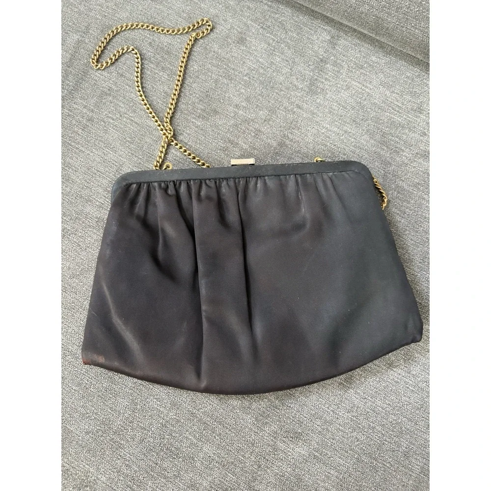 Vintage Andé Black‎ Satin Evening Clutch With Gold-Tone Chain Strap & Clasp